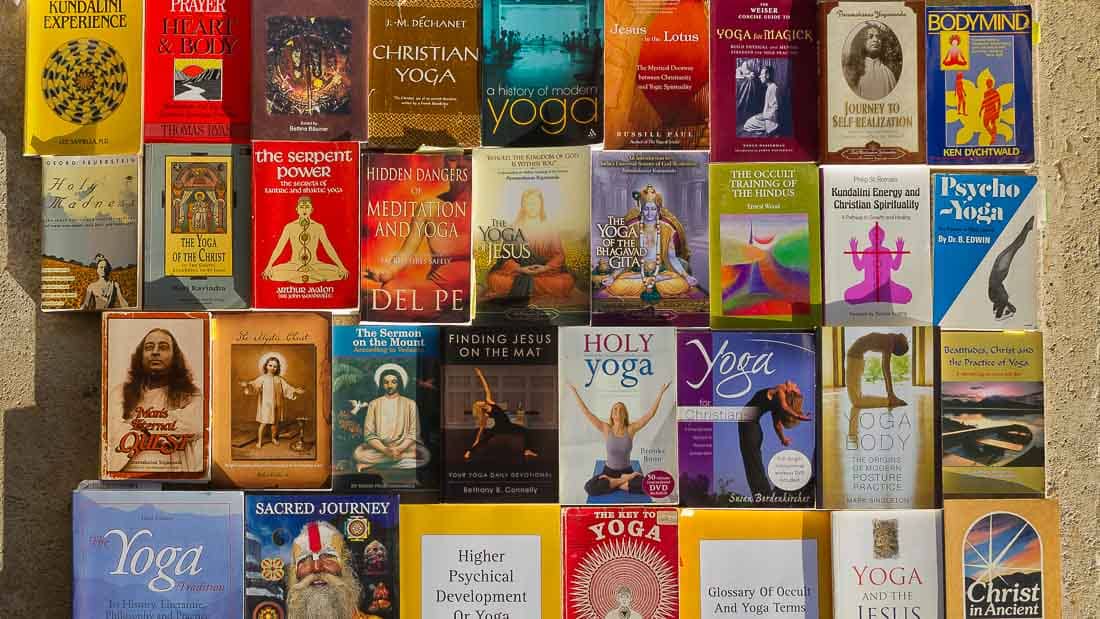 Display of many yoga book covers.